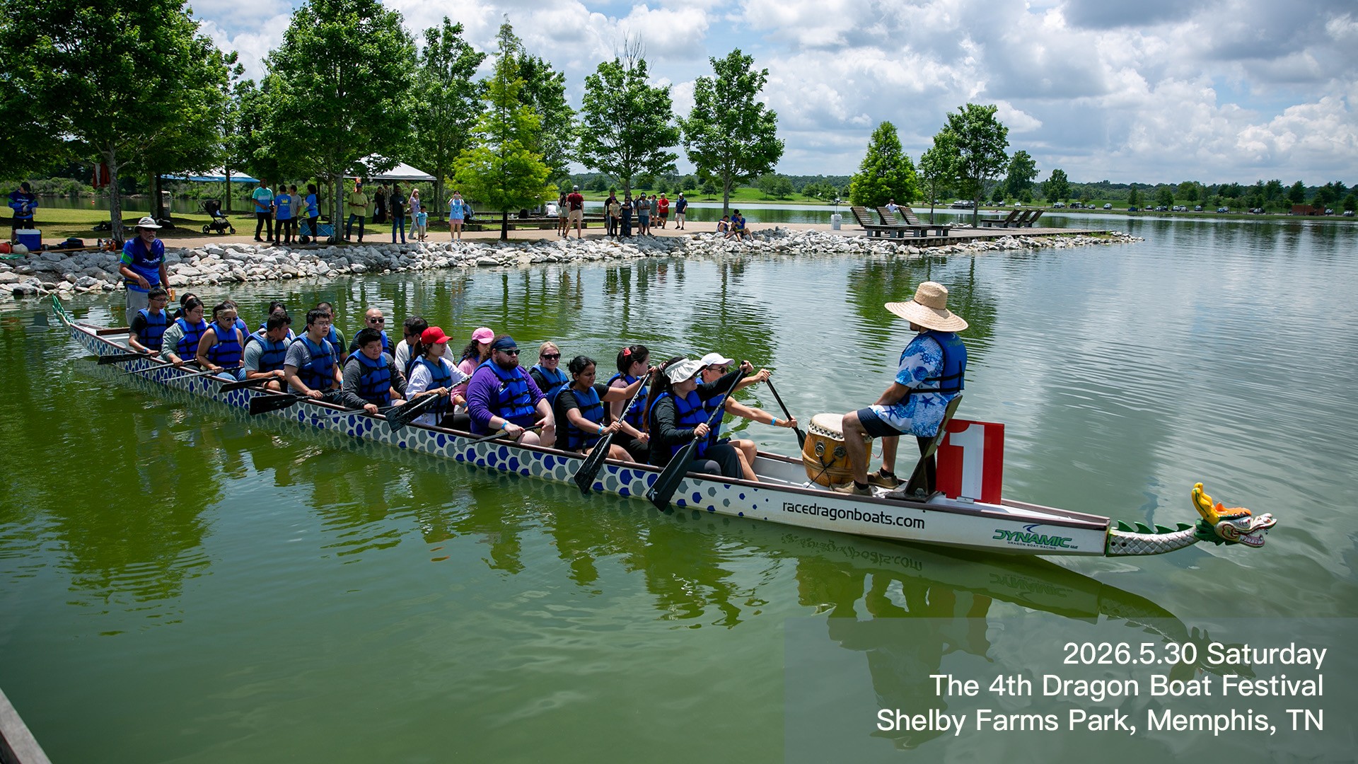 Dragon boat team on the lake at Shelby Farms Park